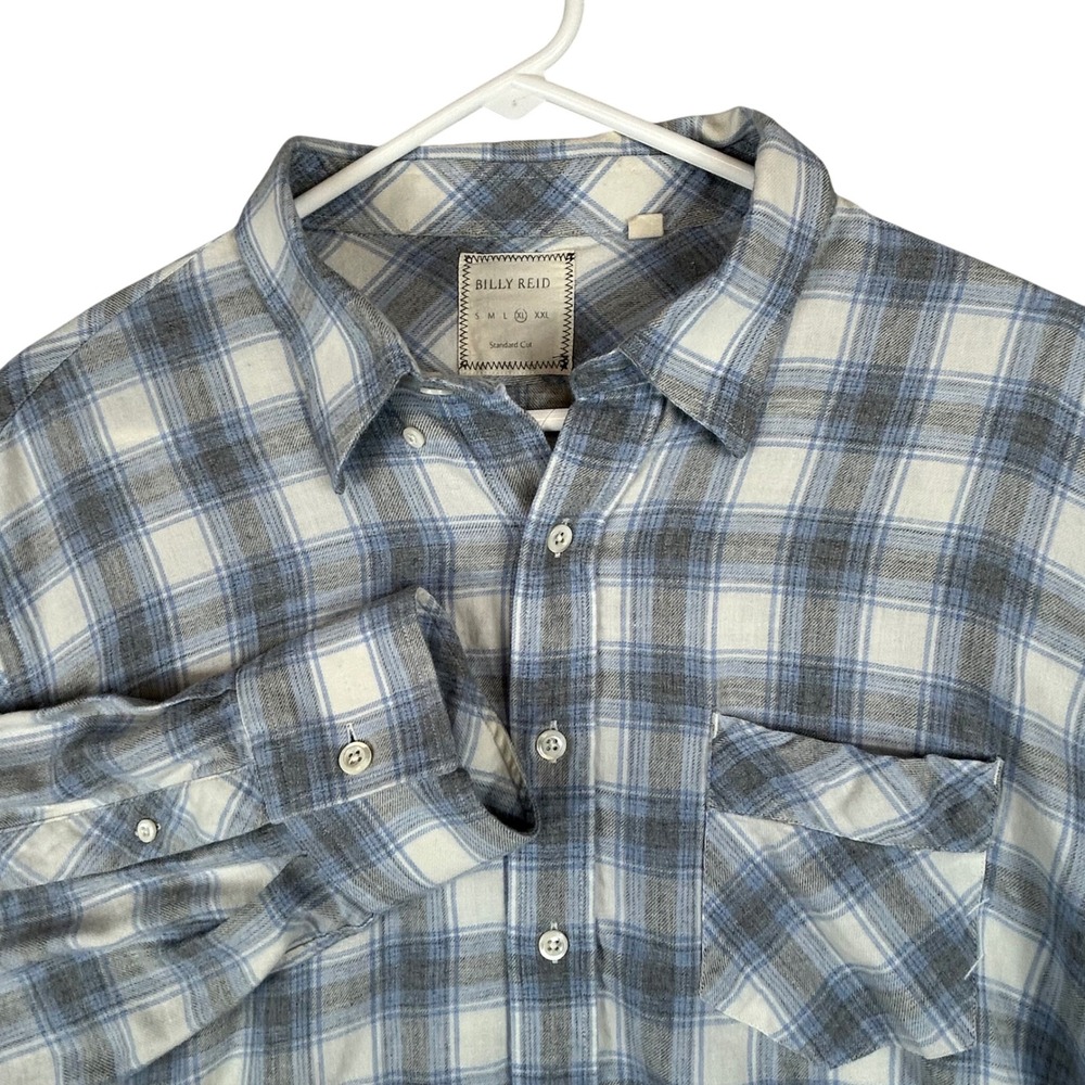 Billy Reid Mens XL Blue Grey Plaid‎ Cotton Wool Blend Flannel Button Down Shirt